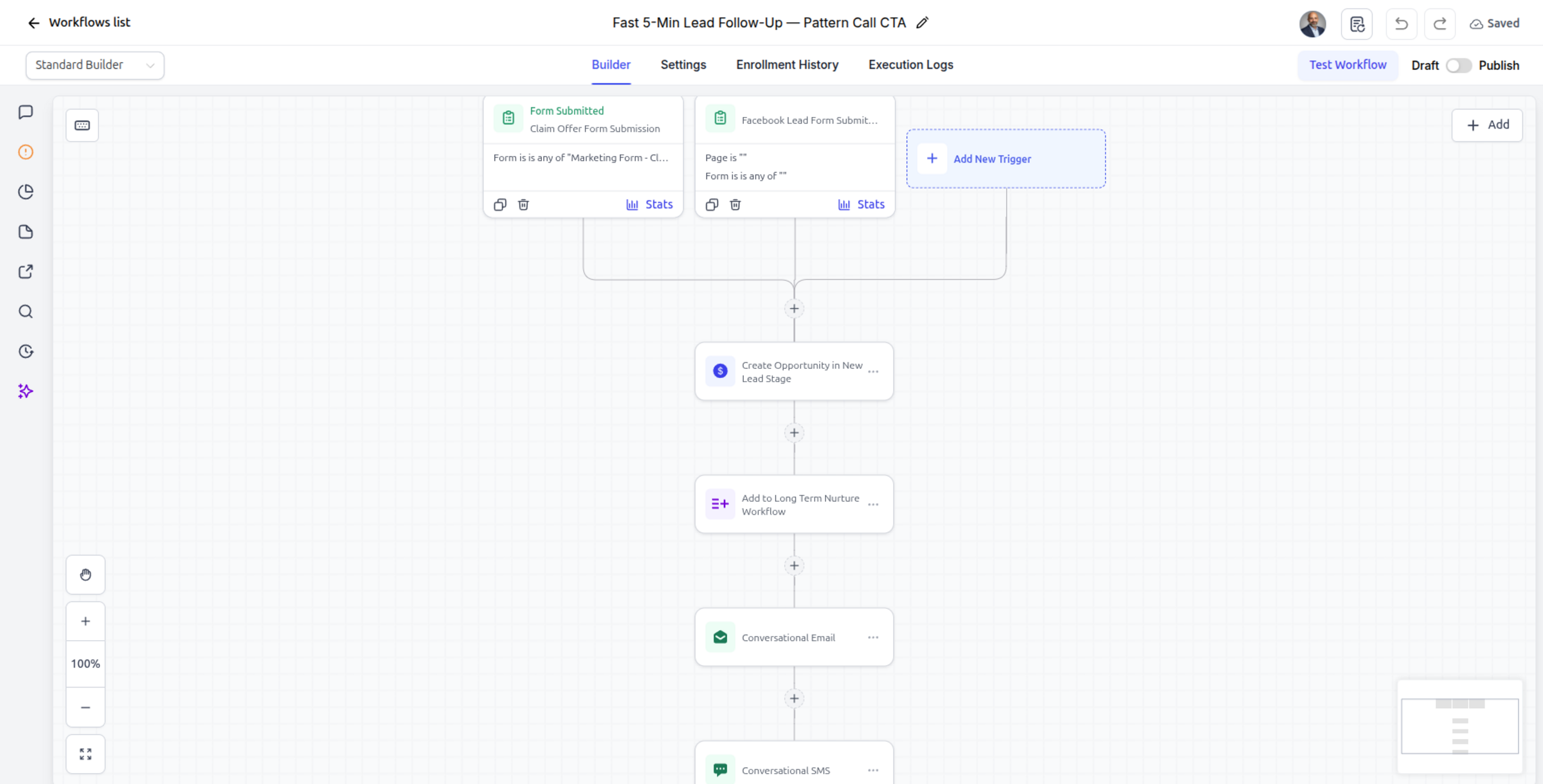 Insomniac Smart CRM — automation workflow builder showing a Fast 5-Minute Lead Follow-Up sequence with form triggers, opportunity creation, AI email, and AI SMS actions