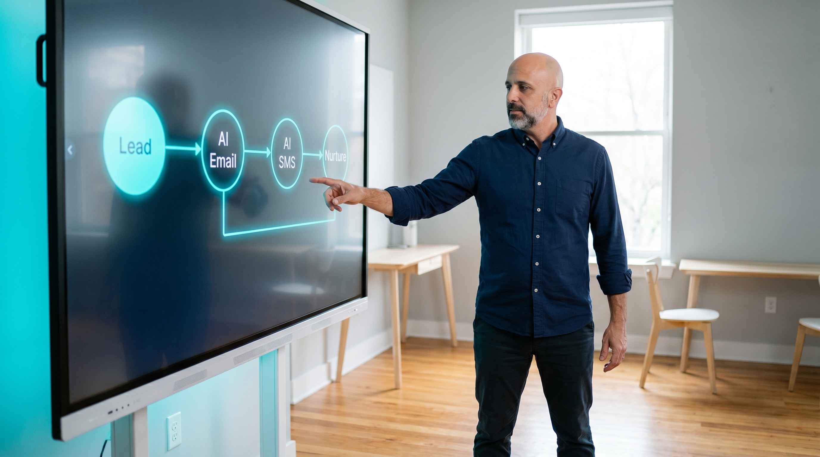 Vinnie Ingallinera leading an on-site AI workshop, demonstrating an automation workflow on a large interactive screen